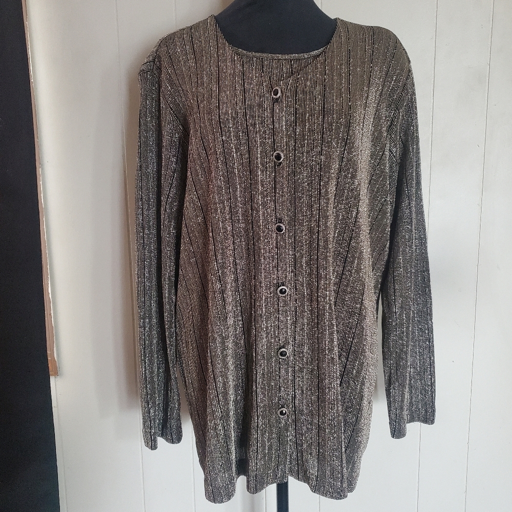 Alfred Dunner Gold & Black Metallic Button Up Cardigan W/ Sewn In Camisole 20W